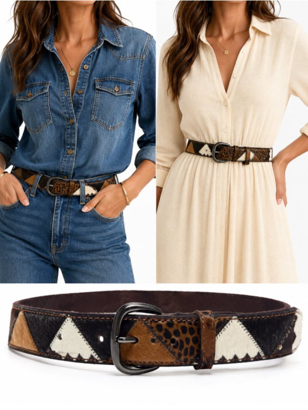 Patchwork Haircalf Animal Print Leather Belt 43" Cowhide Leopard Boho Western